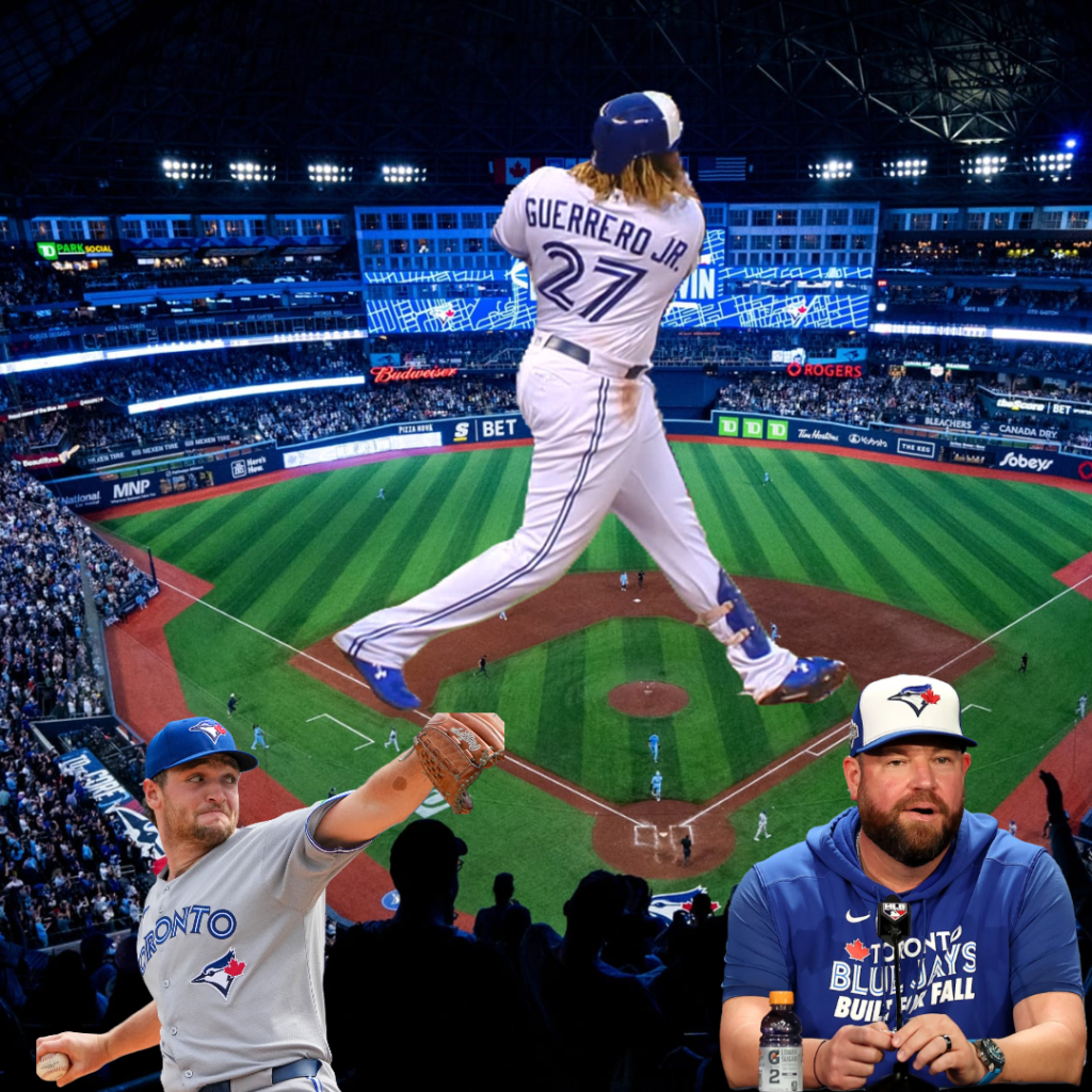 A composite image featuring Vladimir Guerrero Jr. swinging a bat during a game, with a packed SkyDome stadium in the background, and players and a coach in Blue Jays apparel in the foreground.